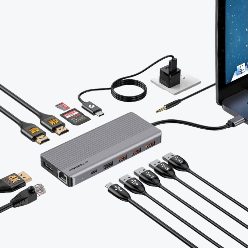 Powerology 13-in-1 USB-C Hub – 4K HDMI, 100W PD, Ethernet, USB, SD, MicroSD & 3.5mm AUX