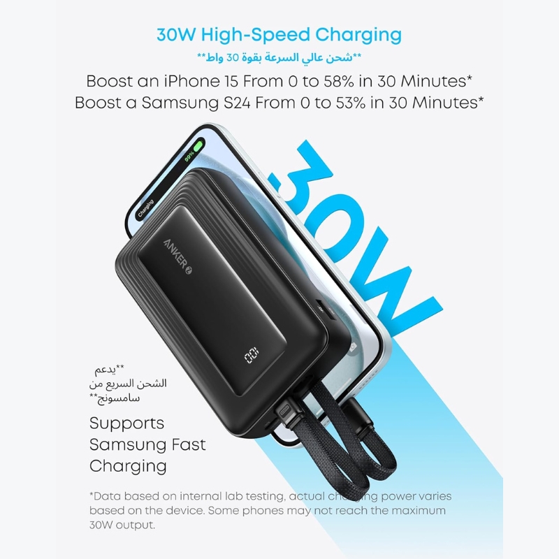 Anker Zolo Power Bank 20,000mAh – 30W Max Fast Charging | Built-in USB-C & MFi Lightning Cables