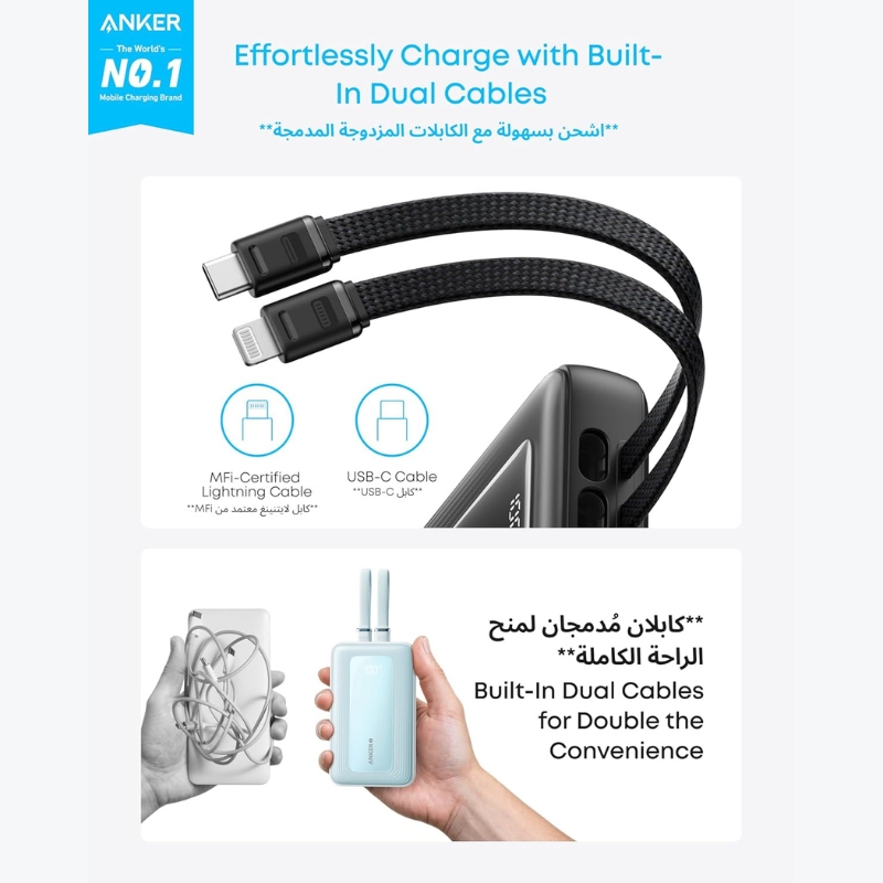 Anker Zolo Power Bank 20,000mAh – 30W Max Fast Charging | Built-in USB-C & MFi Lightning Cables