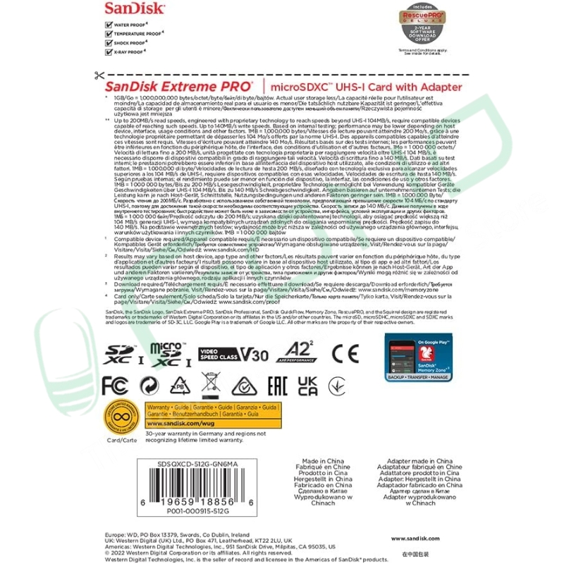 SanDisk Extreme PRO microSDXC UHS-I Memory Card 200MB/s (A2, U3, V30) + Adapter – 128GB / 256GB / 512GB