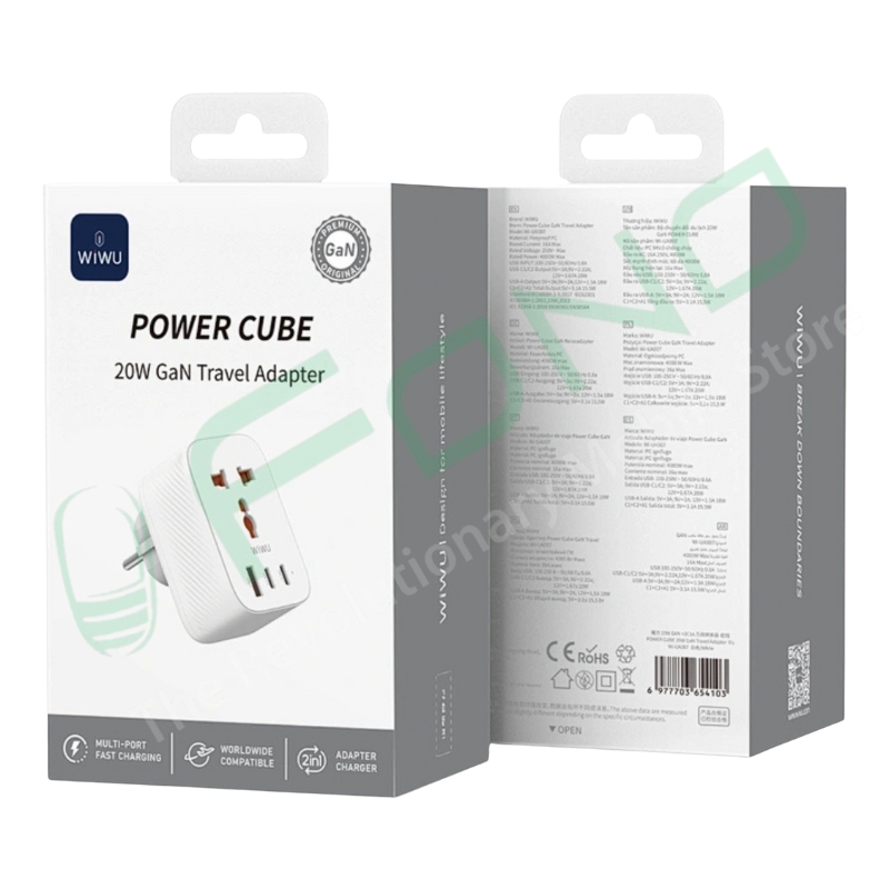 WiWU Wi-UA007 Power Cube 20W GaN Travel Adapter (UK Pin) – 4-in-1 Fast Charging Hub | 3250W Max