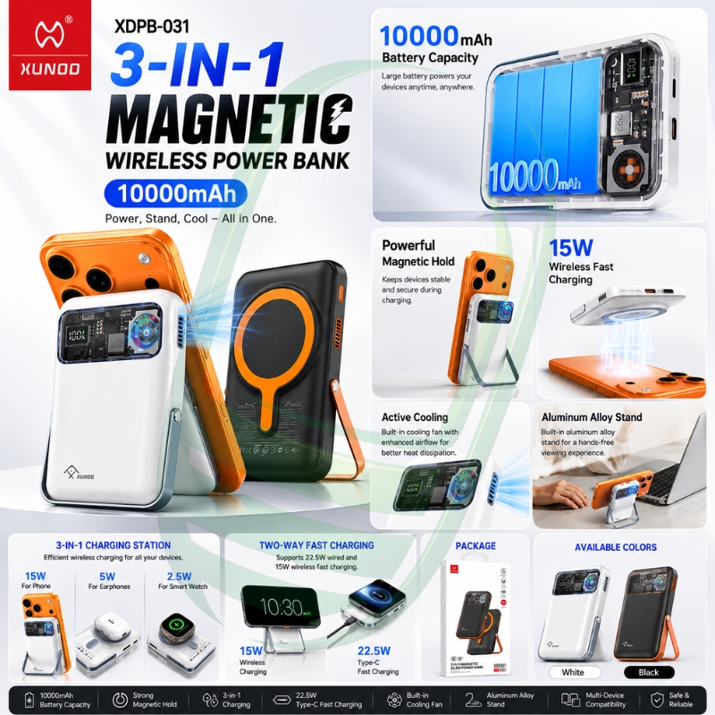 XUNDD XDPB-031 10000mAh Magnetic Wireless Power Bank with Stand, Active Cooling & 22.5W Fast Charging