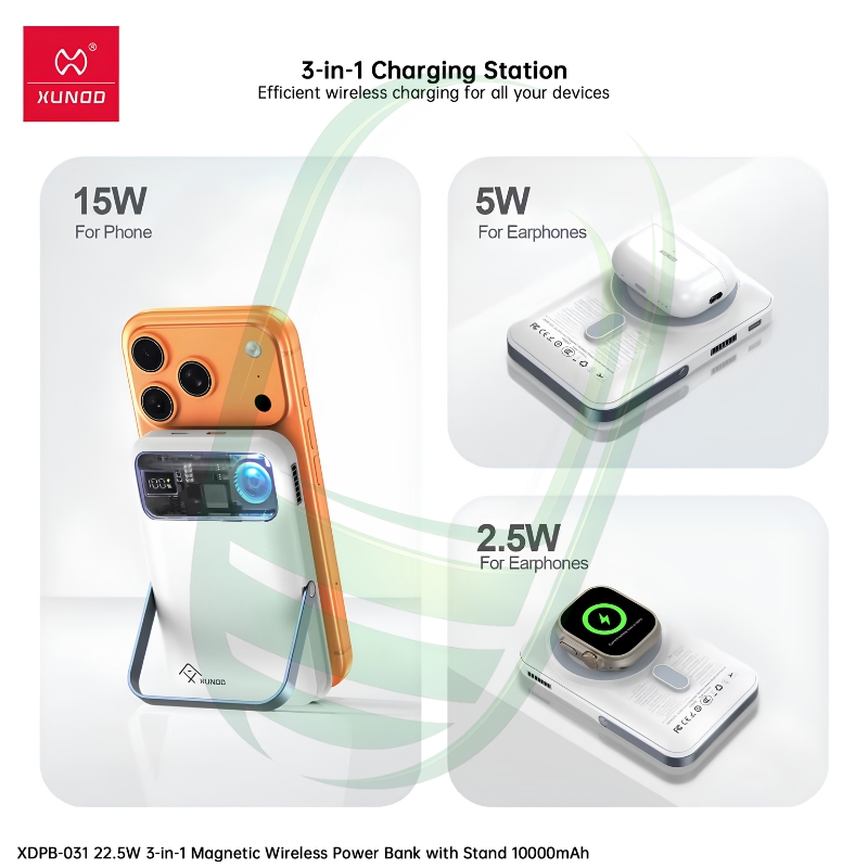 XUNDD XDPB-031 10000mAh Magnetic Wireless Power Bank with Stand, Active Cooling & 22.5W Fast Charging